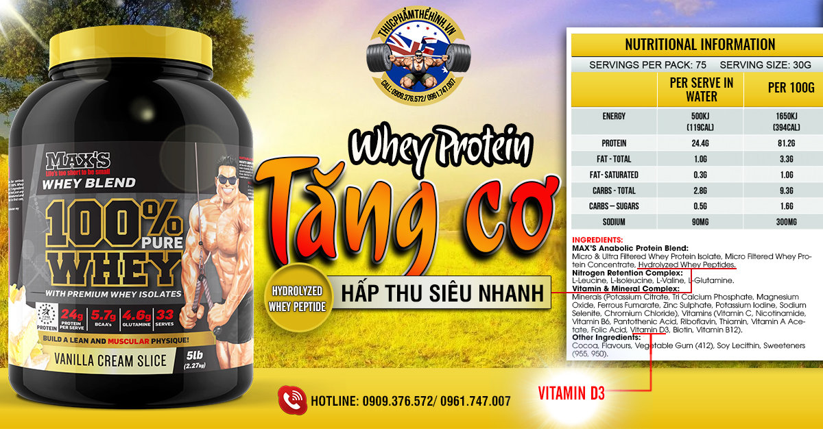 Thành phần Pure whey chứa nhiều Vitamin D3 thành phần quan trọng trong tập luyện